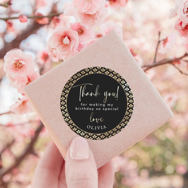 Birthday Party in Black, White & Gold "Thank You!" Classic Round Sticker (Creator Uploaded)