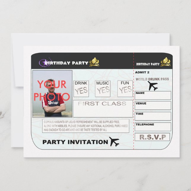 Birthday Party Invitation Aeroplane Ticket Spoof P (Front)