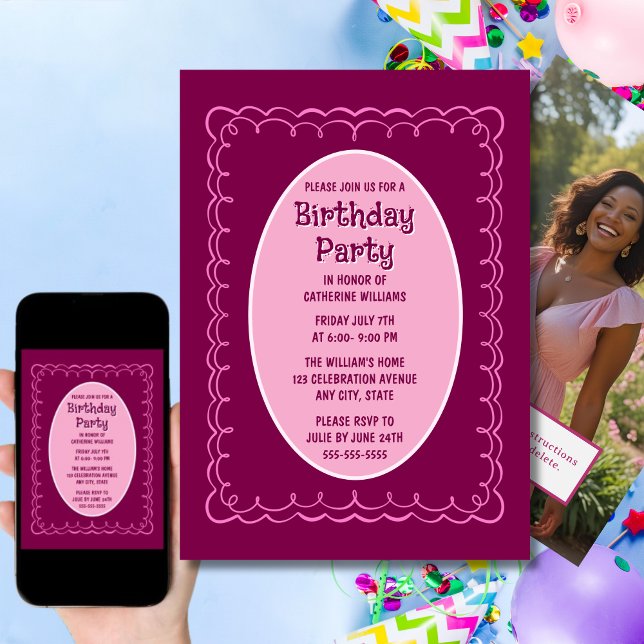 Birthday Party Invitation Any Age Handdrawn Maroon (Creator Uploaded)