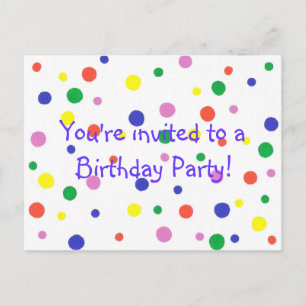 Birthday Party invitation, colourful dots, postcar Invitation Postcard