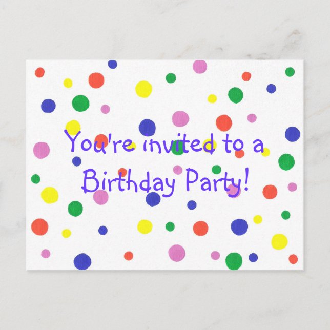 Birthday Party invitation, colourful dots, postcar Invitation Postcard (Front)