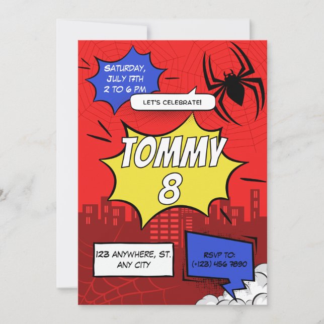 Birthday Party Invitation Comic Spider Theme  (Front)