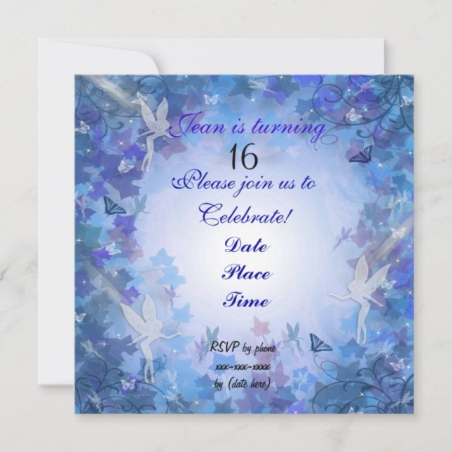 Birthday Party Invitation Fairy blue (Front)