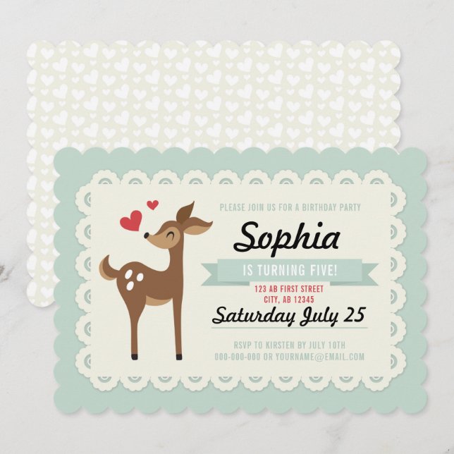 Birthday Party Invitation Girl Cute Retro Deer (Front/Back)