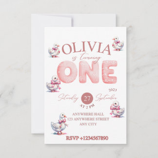 Birthday Party Invitation Girl One, Geese, Pink