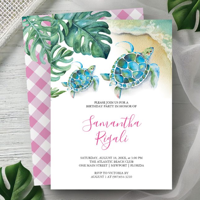 Birthday Party Invitation Girl Sea Turtle (Birthday party invitations tropical watercolor sea turtle monstera palm leaves Victoria Grigaliunas)