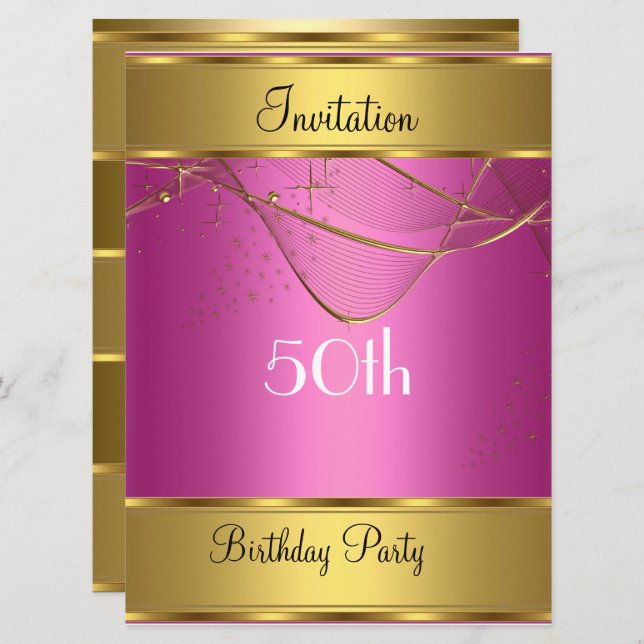 Birthday Party Invitation Gold 50th Birthday Pink (Front/Back)