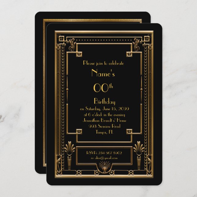 Birthday party invitation,great Gatsby,gold,black Invitation (Front/Back)