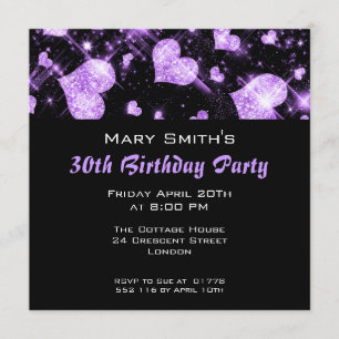 Birthday Party Invitation Purple Glitter Hearts