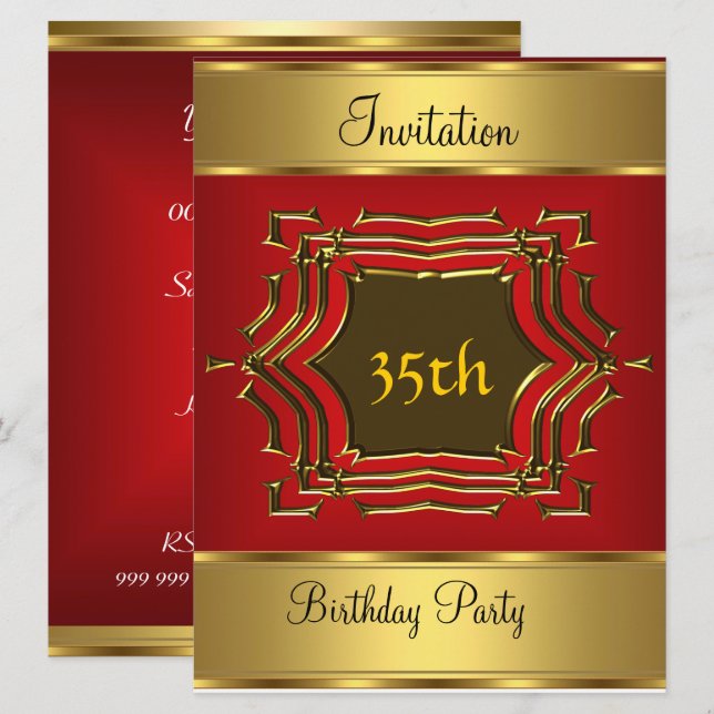 Birthday Party Invitation Red Gold (Front/Back)