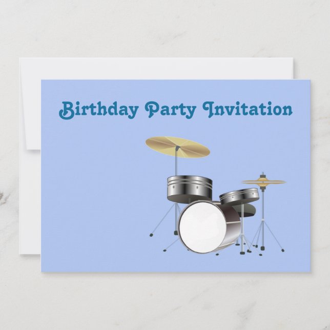 Birthday party invitation with drum kit drummer (Front)