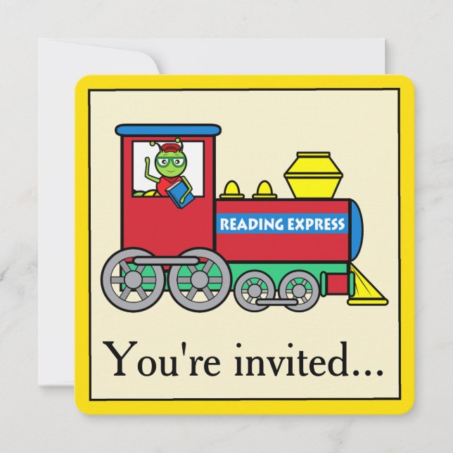 Birthday Party Invitation with Train and Bookworm (Front)
