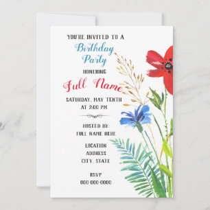Birthday Party Invitation with Watercolor Flowers
