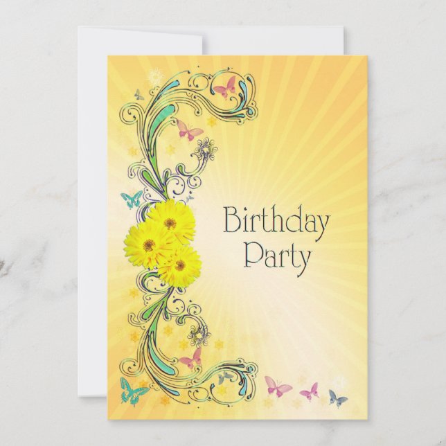 Birthday party Invitation with yellow flower (Front)