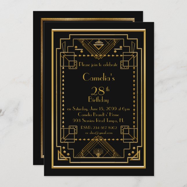 Birthday party invitation woman,great Gatsby,black (Front/Back)
