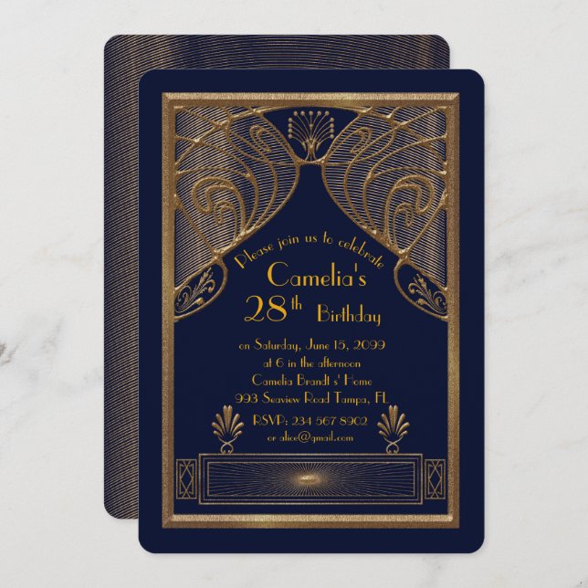 Birthday party invitation woman,great Gatsby, navy (Front/Back)