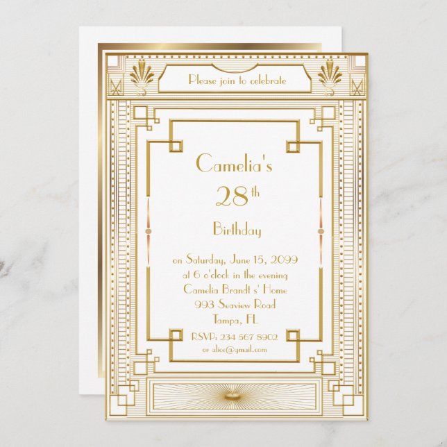 Birthday party invitation woman,great Gatsby,white (Front/Back)