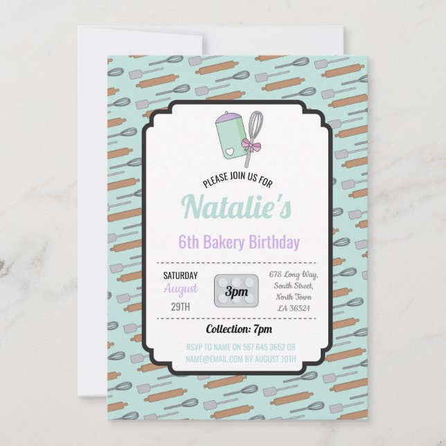Birthday Party Invite Bakery Birthday Mint Cook (Front)