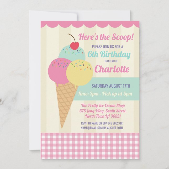 Birthday Party Invite Ice Cream Scoop Parlor (Front)