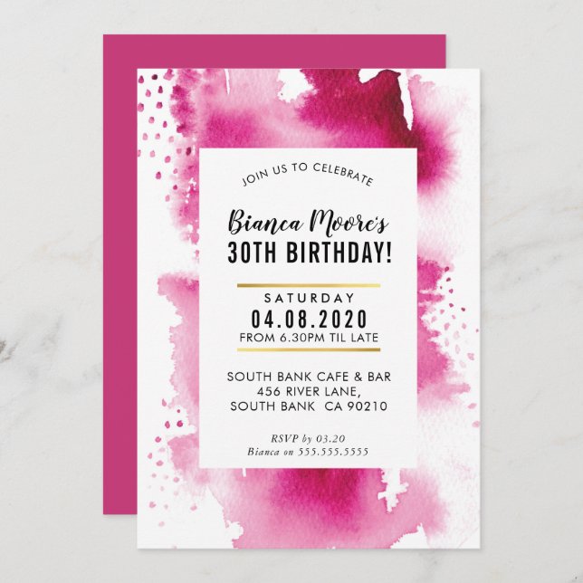 BIRTHDAY PARTY INVITE modern watercolor bold pink (Front/Back)