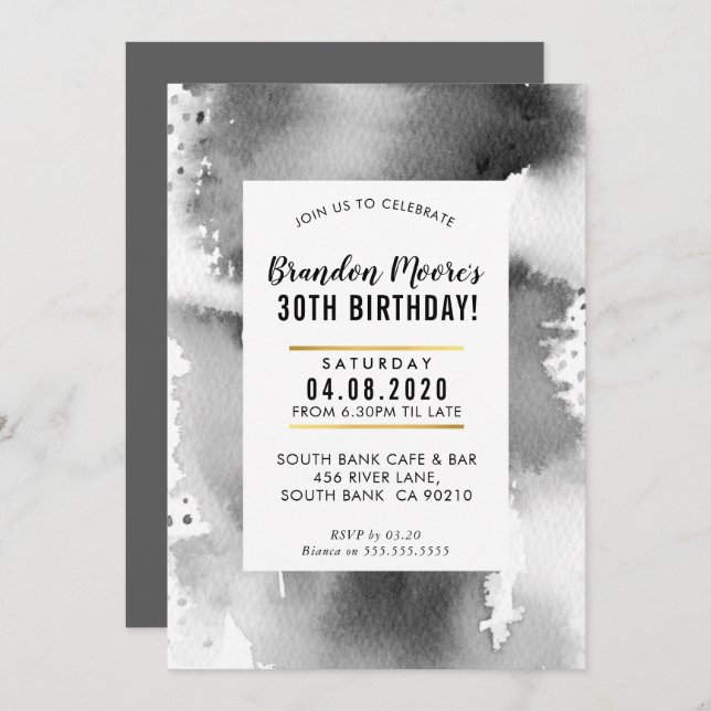 BIRTHDAY PARTY INVITE modern watercolor manly grey (Front/Back)