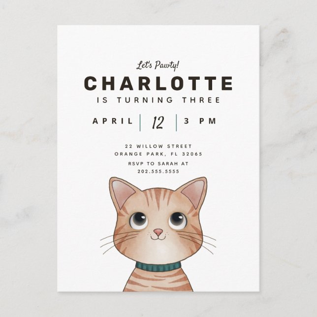Birthday party invite with cute little cat postcard (Front)