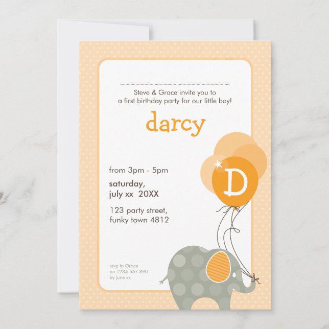 BIRTHDAY PARTY INVITES :: elephant + balloons 1P (Front)