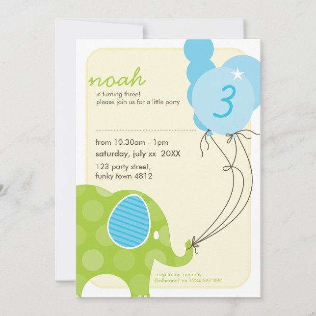 BIRTHDAY PARTY INVITES :: elephant + balloons 6P (Front)