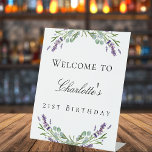 Birthday party lavender eucalyptus welcome pedestal sign<br><div class="desc">A chic white background. Decorated with lavender florals,  flowers and eucalyptus greenery.  Personalise and add name and age/event.</div>