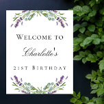 Birthday party lavender eucalyptus welcome poster<br><div class="desc">A chic white background. Decorated with lavender florals,  flowers and eucalyptus greenery.  Personalise and add name and age/event.</div>