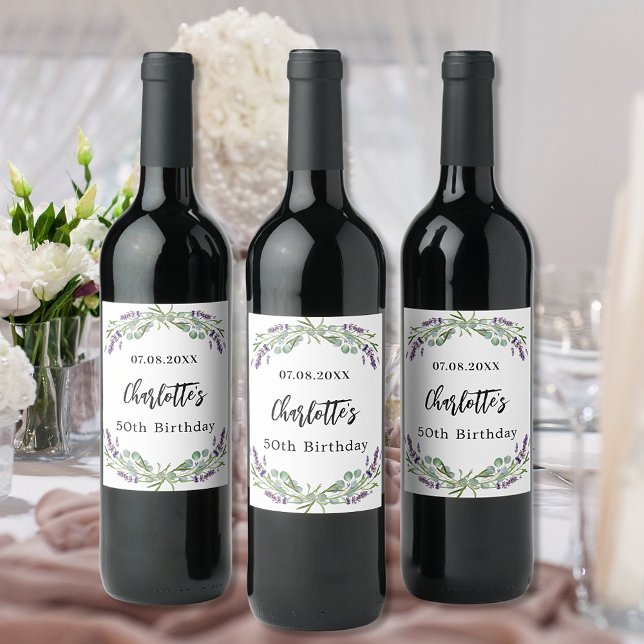 Birthday party lavender florals eucalyptus wine label (Creator Uploaded)