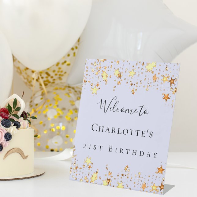 Birthday party lavender violet gold stars welcome pedestal sign (Creator Uploaded)