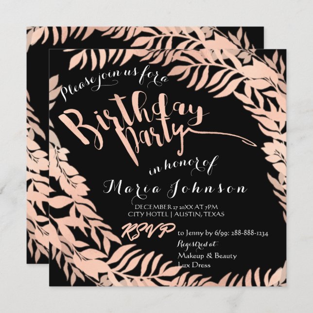 Birthday Party  Leafs Wreath Black Rose Gold Invitation (Front/Back)