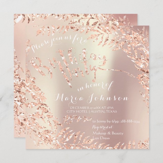 Birthday Party Leafs Wreath Glitter Pink Rose Gold Invitation (Front/Back)