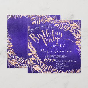 Birthday Party Leafs Wreath Indigo Blue Rose Gold Invitation