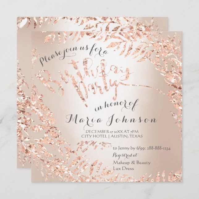 Birthday Party Leafs Wreath Ivory Pink Rose Gold Invitation (Front/Back)