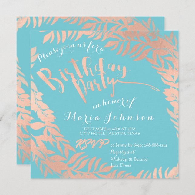 Birthday Party  Leafs Wreath Ocean Pink Rose Gold Invitation (Front/Back)