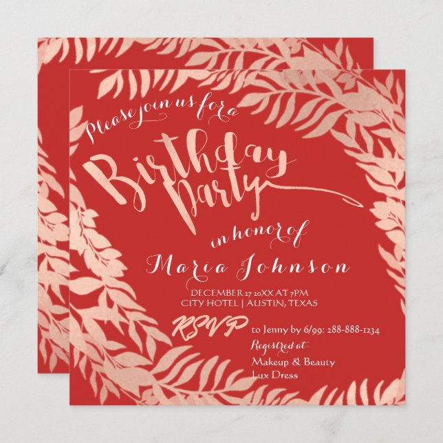 Birthday Party  Leafs Wreath Red Pink Rose Gold Invitation (Front/Back)