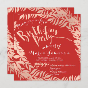 Birthday Party Leafs Wreath Red Pink Rose Gold Invitation