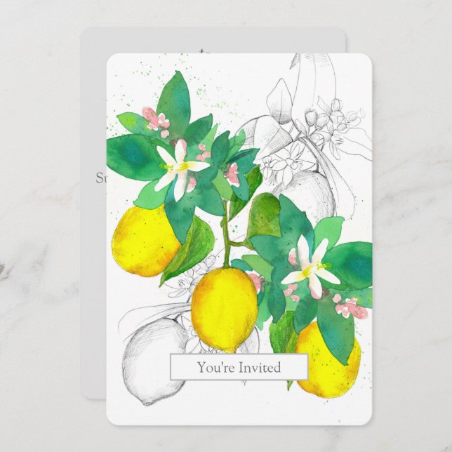 Birthday Party Lemons Citrus Watercolor Fruit Invitation (Front/Back)