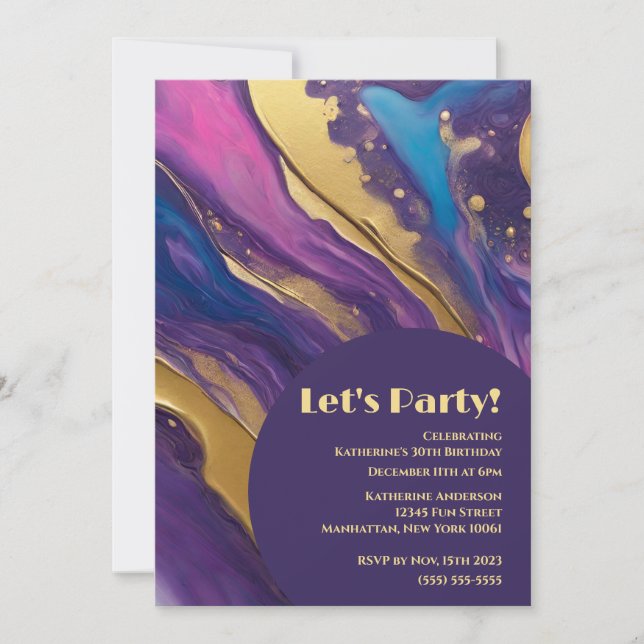 Birthday Party-Let's Party-Abstract Flow Art- Invitation (Front)