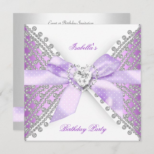 Birthday Party Lilac Purple Silver White Diamond Invitation (Front/Back)