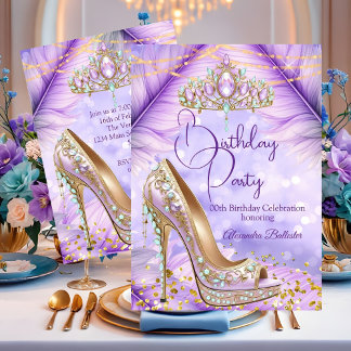 Birthday Party Lilac Teal Tiara Gold Heel Stiletto Invitation
