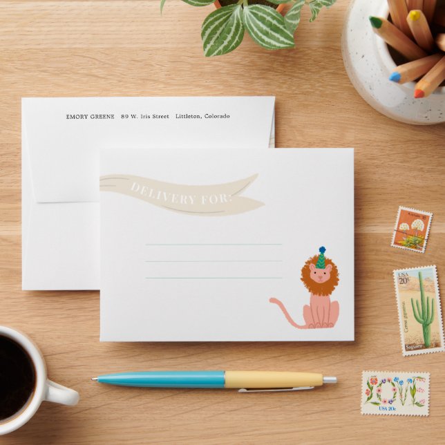 Birthday Party Lion with Banner Kid Thank You Envelope (Desk)