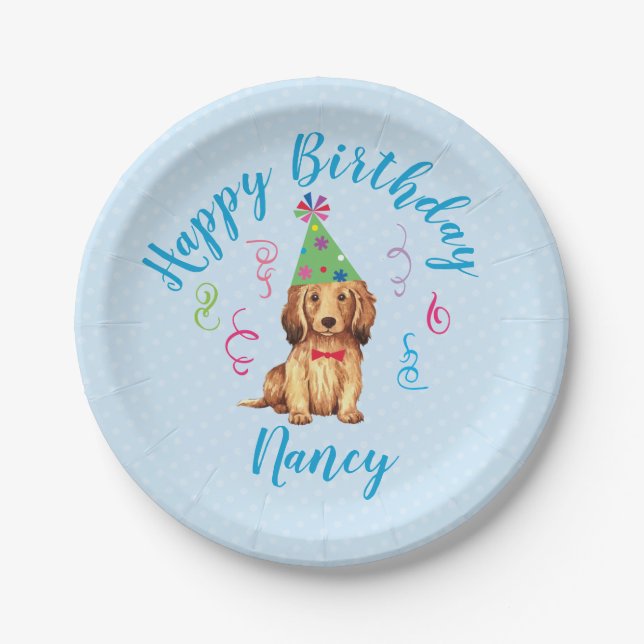 Birthday Party Longhaired Dachshund Paper Plate (Front)