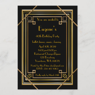 Birthday Party man, gold Gatsby style, black Invitation