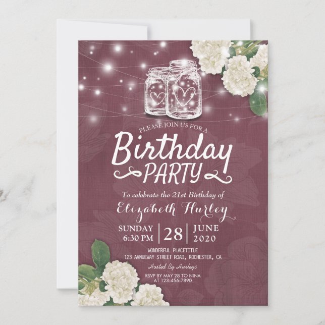 Birthday Party Mason Jars Hydrangea String Lights Invitation (Front)
