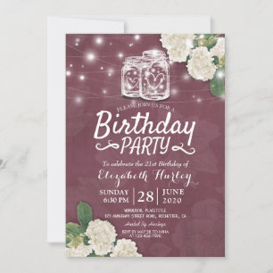 Birthday Party Mason Jars Hydrangea String Lights Invitation