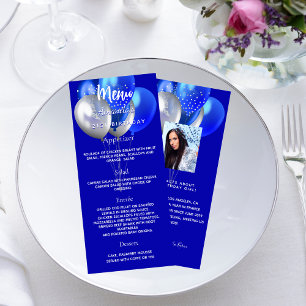 Birthday party menu royal blue balloons fun facts