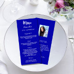 Birthday party menu royal blue fun facts<br><div class="desc">Birthday party menu.  Personalise and add a name,  age and your menu. A royal blue background. White coloured letters.
Back: add a photo and fun facts about the birthday girl.  Remove the names if not necessary</div>
